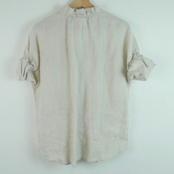 Finley Medium Top 100% Linen Short Sleeve Beige Ruffle Popover Relaxed Beachy - Picture 7 of 7